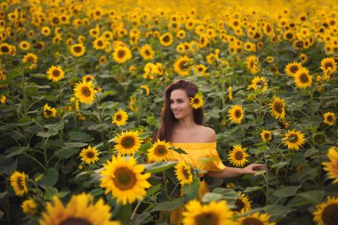 Sarı elbiseli güzel bir kızın romantik yaz portresi gün batımında bir ayçiçeği tarlasında duruyor.