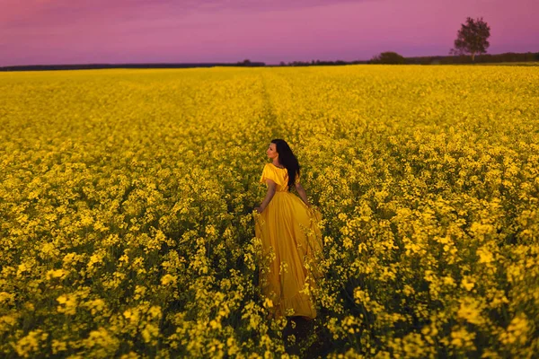 Sarı uzun elbiseli güzel bir esmer kız akşam gökyüzüne karşı sarı kolza tohumu tarlasında koşuyor.