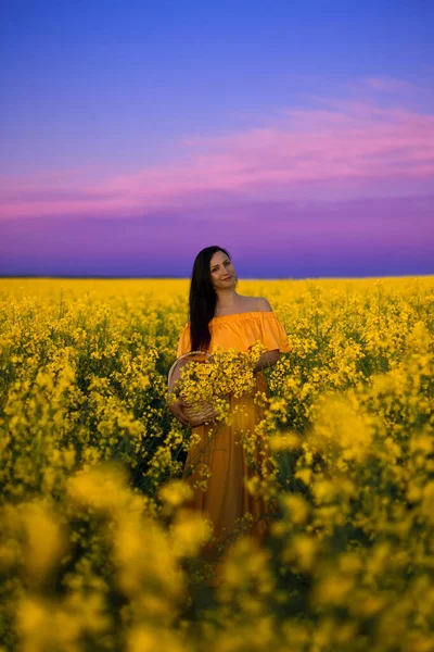 Sarı uzun elbiseli güzel bir esmer kız akşam gökyüzüne karşı sarı kolza tohumu tarlasında duruyor.
