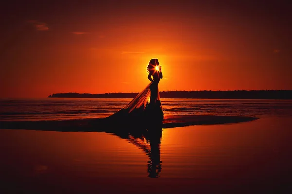 Silhouette Young Girl Long Transparent Dress Beach Sunset Sky — Stock Photo, Image