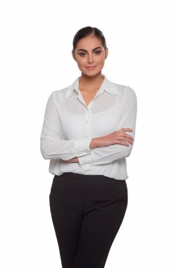 Hoş bir gülümseme ile neşeli genç iş kadını