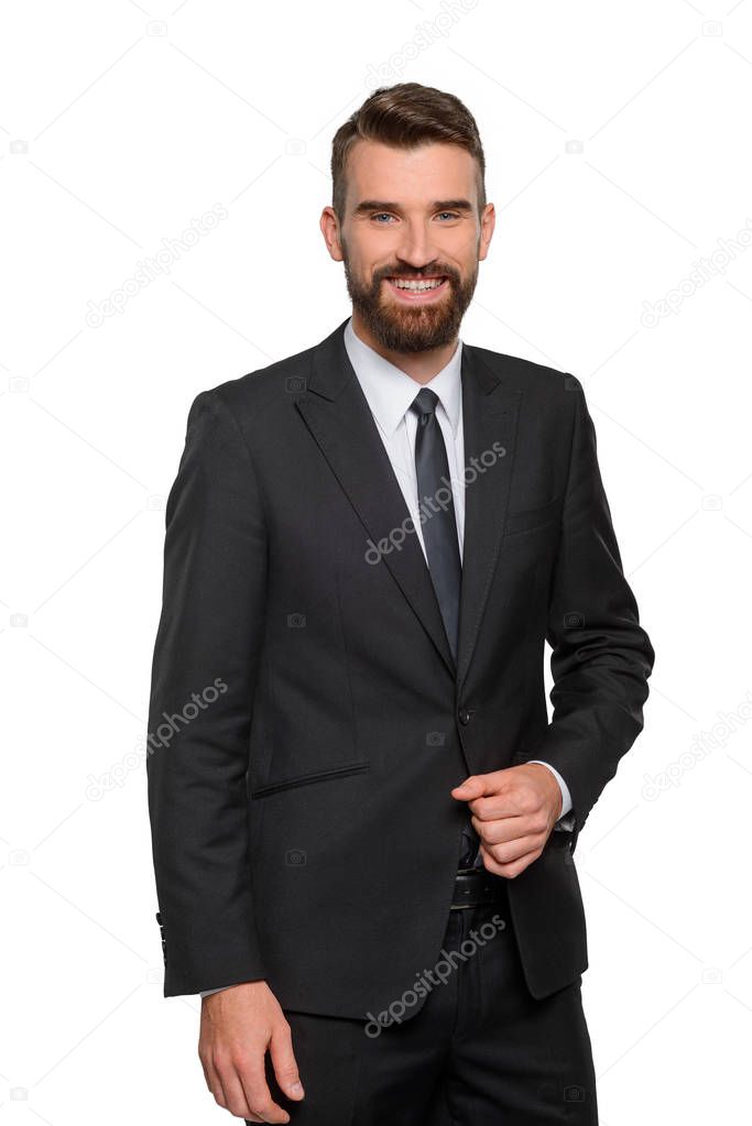 Laughing handsome businessman with accurate beard