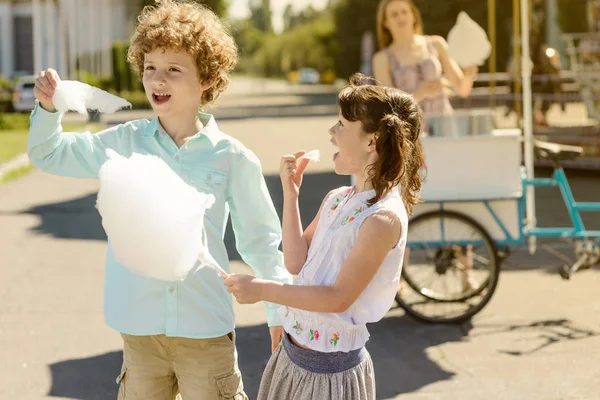 Twee charmante kinderen delen de suikerspin — Stockfoto