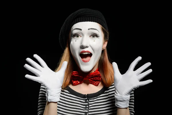 Happy female mime on black — Stock Photo, Image