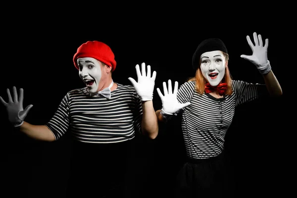 Mimes are touching imaginary wall — Stock Photo, Image