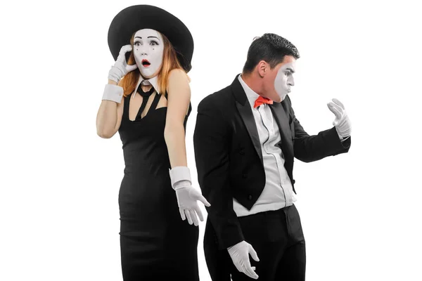 Phone Conversation Mimes Professional Actors Playing Pantomime Disappointed Woman Man — Stock Photo, Image
