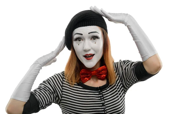 Mujer Prueba Sombrero Nuevo Boceto Pantomima Realizado Por Una Artista — Foto de Stock