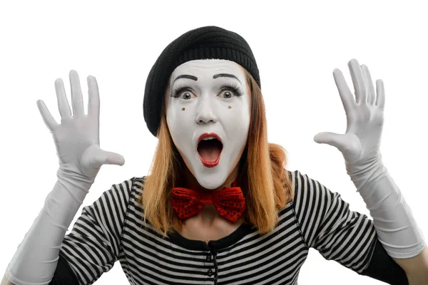 Vrouwelijke mime op witte achtergrond — Stockfoto