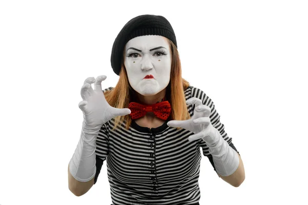 Angry female mime on white — Stock Photo, Image