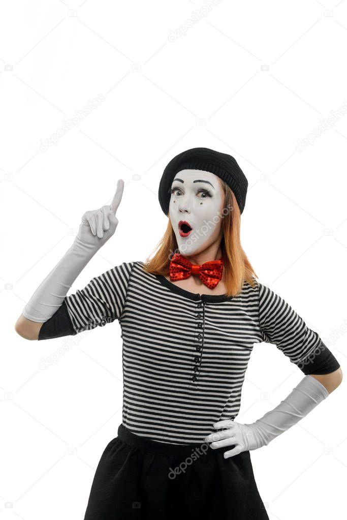 Female mime pointing finger up