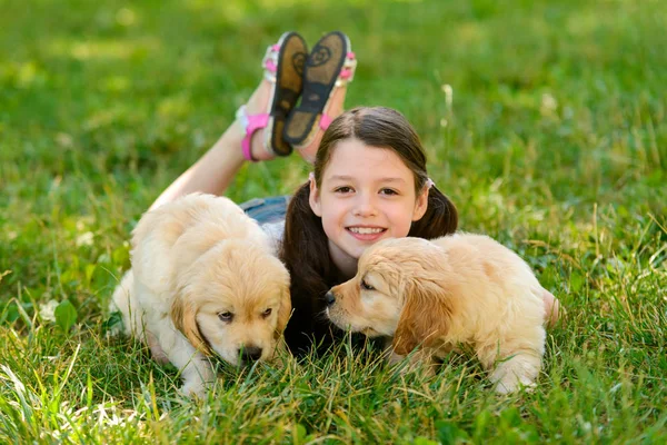 Flickan och hennes små hundar — Stockfoto