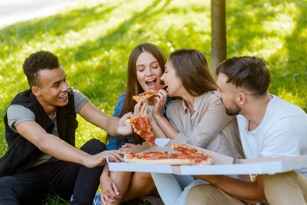 Főiskolai társaival pizzát eszik — Stock Fotó