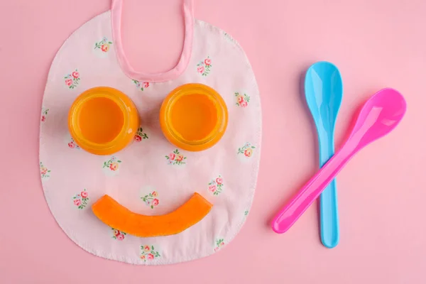 Baby food smile on pink — Stock Photo, Image