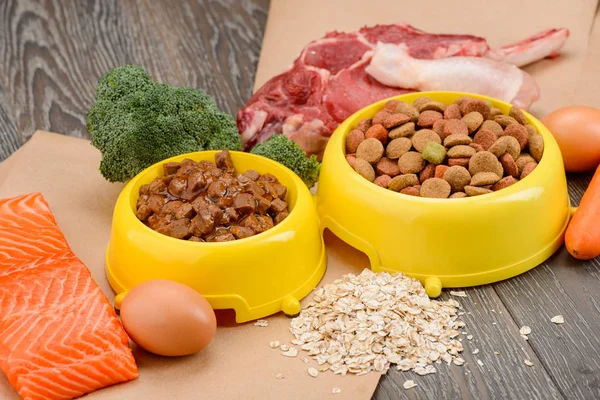 Raw and store-bought pet food — Stock Photo, Image
