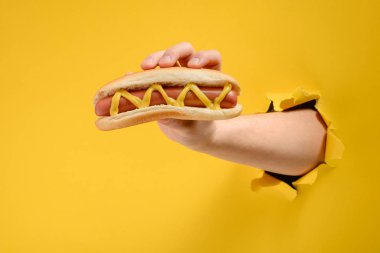 Sosisli sandviç alarak el