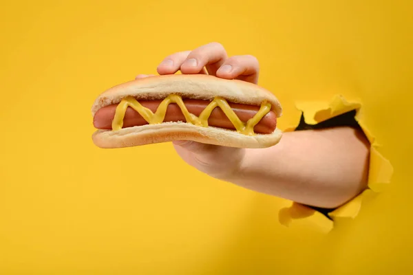 Hand geven een hot dog — Stockfoto