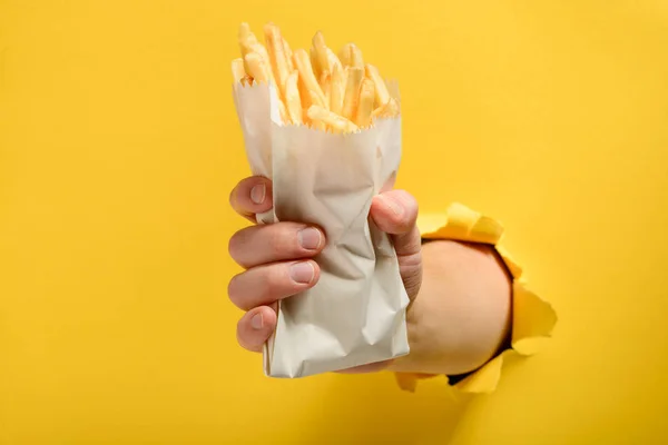 Mão segurando batatas fritas — Fotografia de Stock