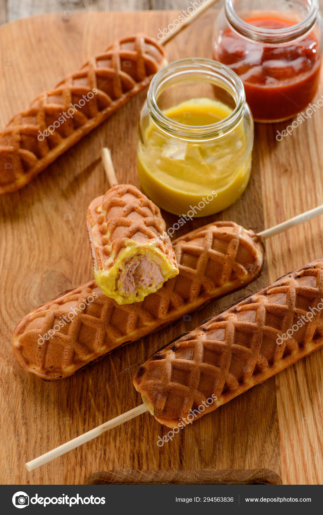 Waffle Corn Dogs With Mustard Stock Photo C Ygphoto 294563836