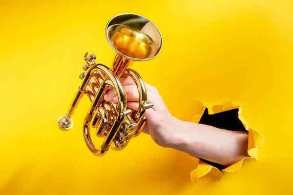 Mão segurando uma trombeta dourada através de um buraco rasgado — Fotografia de Stock