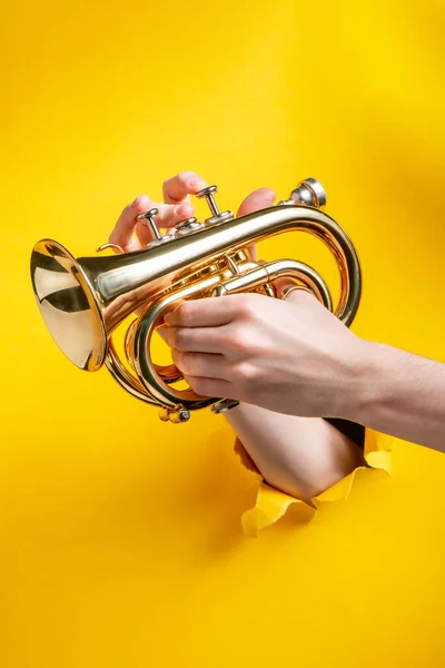 Mãos tocando em uma trombeta através de papel amarelo rasgado fundo — Fotografia de Stock