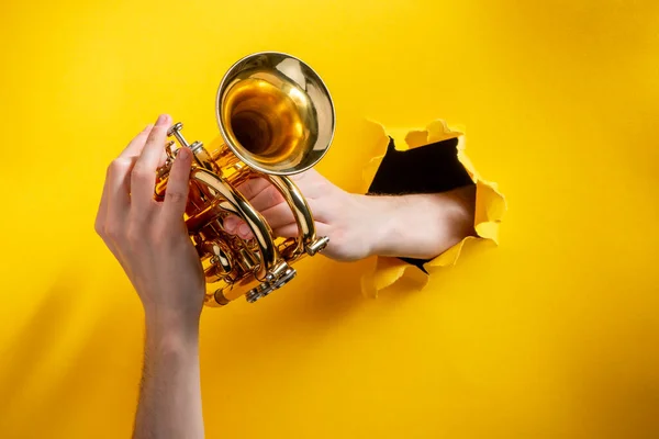 Mãos tocando trompete de bolso através rasgado fundo de papel amarelo — Fotografia de Stock