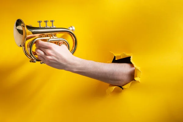 Mão tocando chifre através de um buraco rasgado no fundo de papel amarelo — Fotografia de Stock