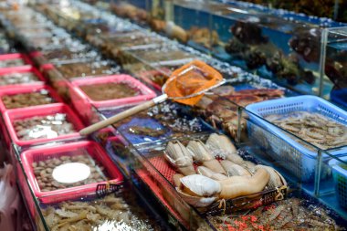 Bir Çin süpermarketinde deniz ürünleri çeşitleri. Kabuklu deniz hayvanları, karidesler ve diğer balıklar.