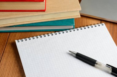 Tahta masadaki tükenmez kalem ve not defteri.