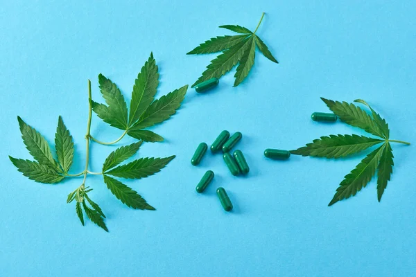 Hojas de marihuana y cápsulas verdes sobre fondo azul, vista superior — Foto de Stock