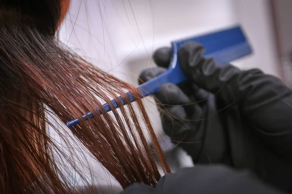 Menina Salão Beleza Enquanto Cabeleireiro Tingir Seu Cabelo — Fotografia de Stock