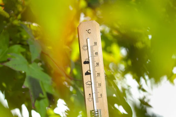 Buen tiempo en el otoño se muestra con termómetro de mercurio —  Fotos de Stock