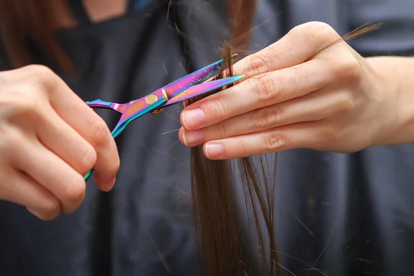 Close-up de um cabeleireiro cortando o cabelo de uma mulher em uma beleza — Fotografia de Stock