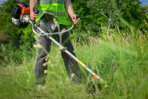 Worker mowing grass with grass trimmer