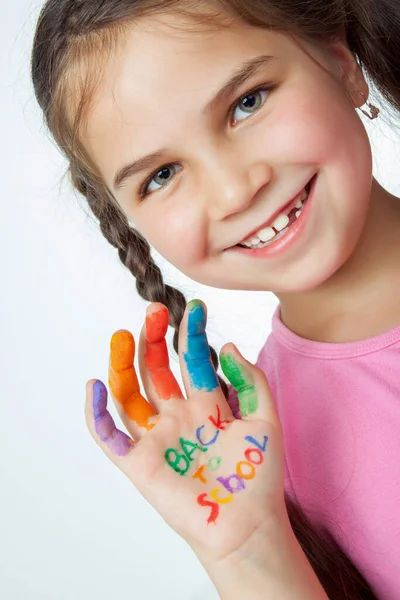 Beautiful Little Girl Her Hands Full Paint — Stock Photo, Image