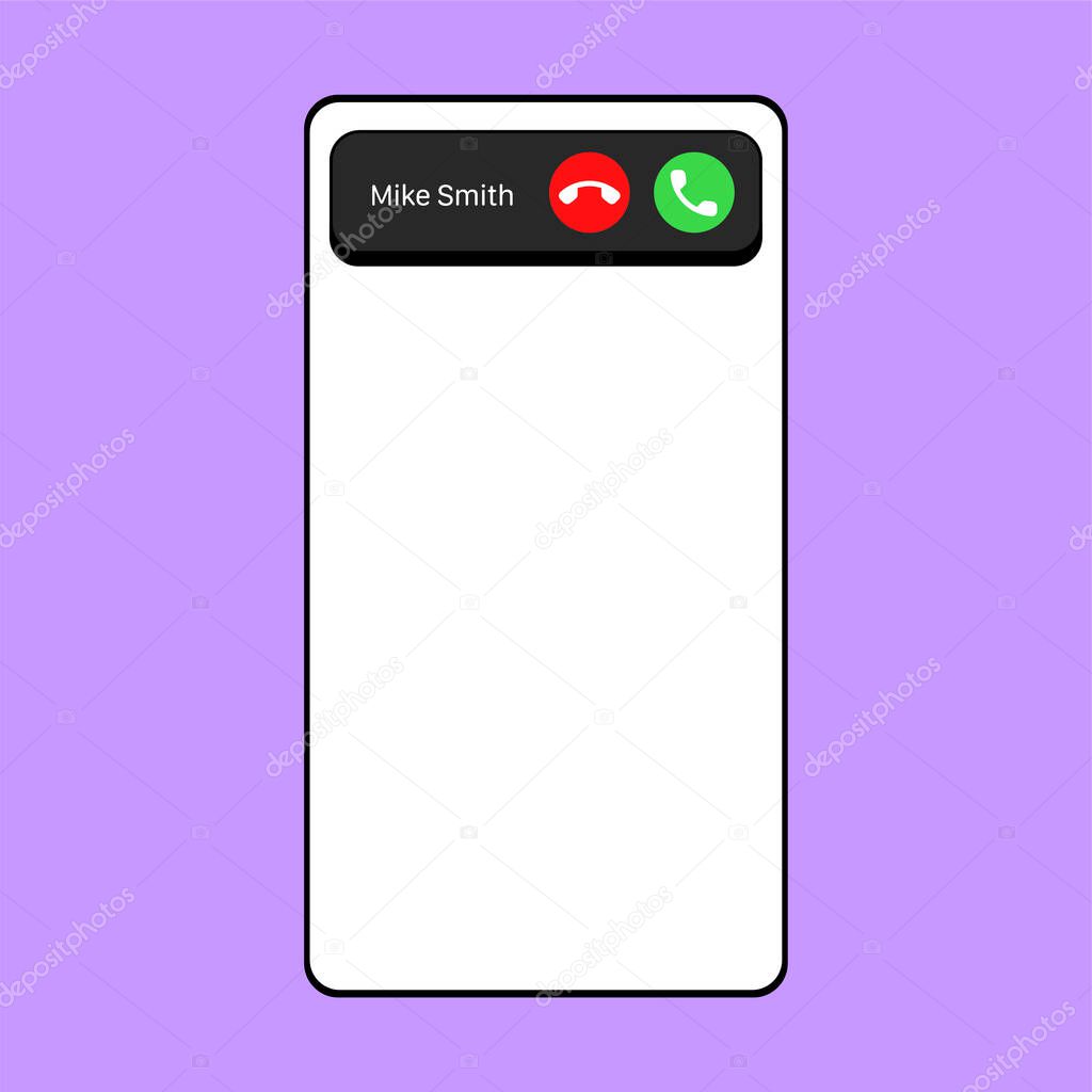 iPhone Call Screen Interface, accept button, decline button. Incoming Call. Template. Smartphone, Phone Call Screen Vector Mockup On Violet Background