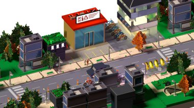 Pazar yeri izometrik şehir yolu 3D görüntüleme