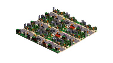 İzometrik kasaba kaplaması, bina, mağaza, pazar, yollar, 3D resimleme