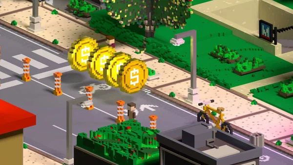 都市ゲームコイン等角ビュー自転車道3Dレンダリングイラスト — ストック写真