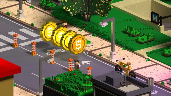 Şehir oyunu bozuk para izometrik görünüm bisiklet yolu 3d resimleme