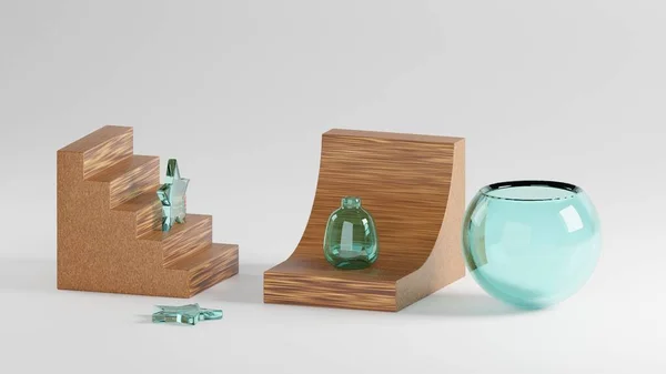 木制玻璃物体最小概念3D渲染说明4K — 图库照片