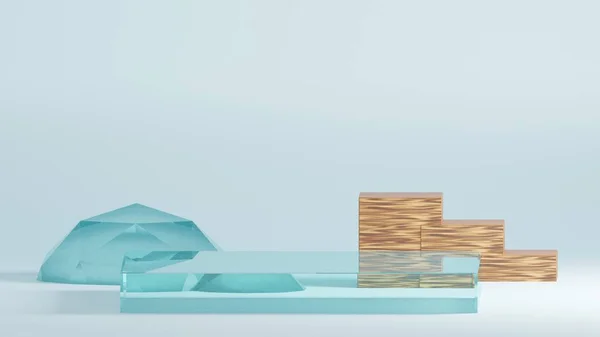 Arkaplan 3d mavi renkte, podyum ve en az mavi cam ve ahşap duvar sahnesi, en az soyut arkaplan 4k 3d çizim soyut geometrik şekil mavi pastel rengi. Modern web sitesinde ödül sahnesi.