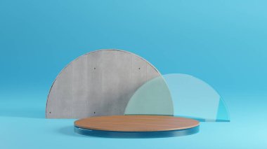 Arkaplan 3d mavi renkte, podyum ve asgari mavi cam ve beton duvar sahnesi, asgari soyut arkaplan 4k 3d çizim soyut geometrik şekil mavi pastel rengi. 