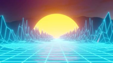 80 'ler sahnesi, synthwave ve retrowave müzik disko arka planı. Gelecekçi siber yüzey 4k 3d oluşturma döngüsü