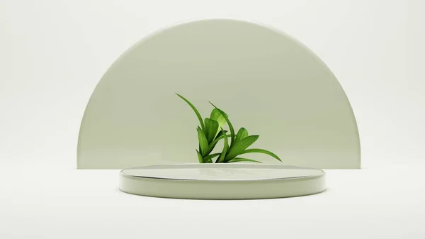 背景3D绿色渲染与迷人的讲台空和最小的绿墙场景 最小的抽象植物背景3D渲染抽象几何绿色彩绘图 — 图库照片