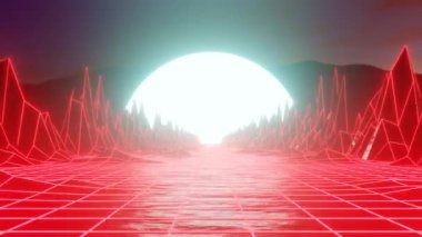 80 'ler sahnesi, synthwave ve retrowave müzik disko arka planı. Gelecekçi siber yüzey 4k 3d oluşturma döngüsü