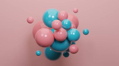 Dinamik 3 boyutlu kürelerle soyut bir arkaplan. Plastik pastel pembe ve mavi kabarcıklar. Parlak topların 3 boyutlu çizimi. Modern moda afiş veya poster tasarımı