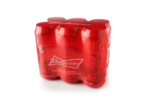 Hat Csomag Budweiser Sört Izoláltak Fehér Alapon Alkoholtartalmú Ital — Stock Fotó