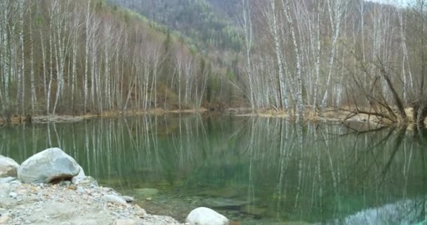 Ein transparenter See inmitten der Berge. Bäume werden von Spiegeloberfläche reflektiert. — Stockvideo