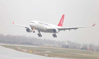 Istanbul, Türkiye - 04 Mart 2018: Türk Hava Yolları'nın Airbus A330-Istanbul Atatürk Havaalanına iniş 202 (Cn 932). Senin 328 filo büyüklüğü ve 302 hedefleri Türkiye'nin bayrak taşıyıcı