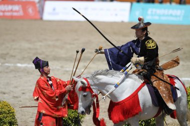 Istanbul, Türkiye - 12 Mayıs 2018: Japon Yabusame gösteri sırasında Etnospor Kültür Festivali